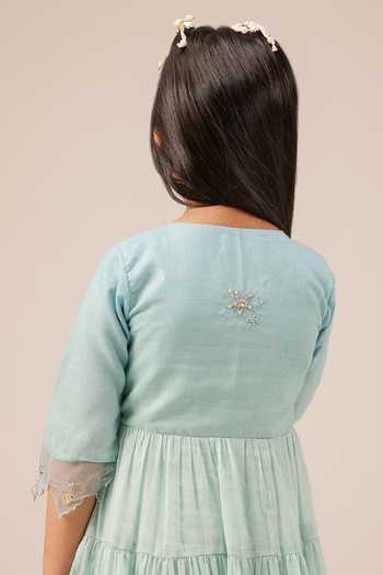 OurDve_Blue Linen Sea Salt Embroidered Bodice Dress _at_Aza_Fashions