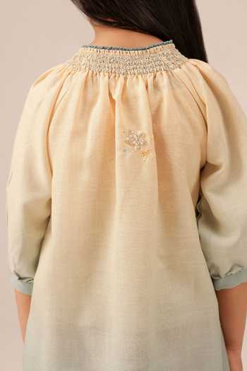 Buy_OurDve_Ivory Linen Sorbet Embroidered And Smocked Neck Dress _Online_at_Aza_Fashions