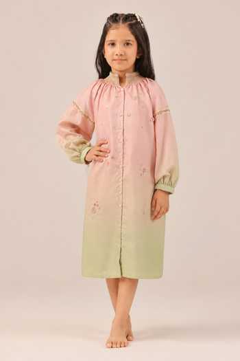 OurDve Sorbet Smocked Neck Embroidered Dress 