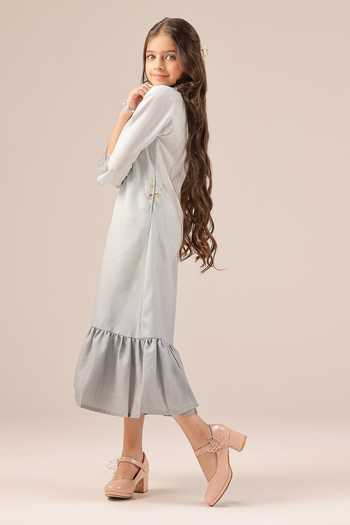 OurDve_Grey Linen Seafoam Embroidered Collar Dress _Online_at_Aza_Fashions