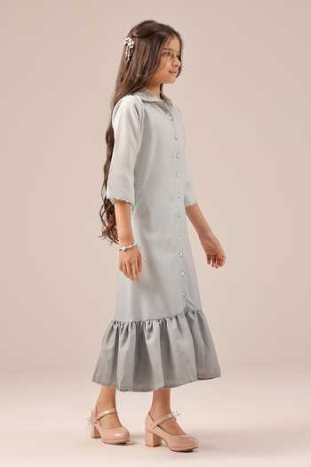 Buy_OurDve_Grey Linen Seafoam Embroidered Collar Dress _Online_at_Aza_Fashions