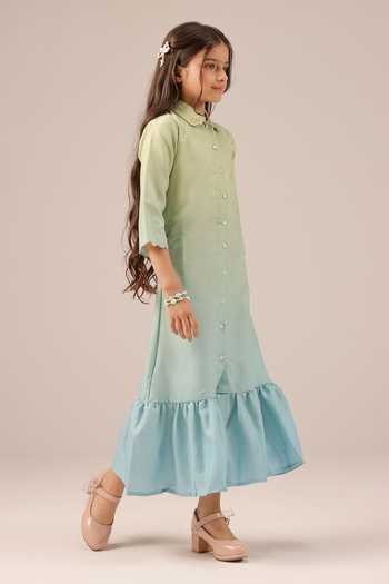 OurDve_Blue Linen Seafoam Embroidered Collar Dress _Online_at_Aza_Fashions