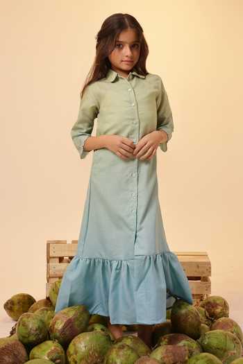 OurDve Seafoam Embroidered Collar Linen Dress 