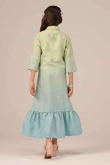 OurDve Seafoam Embroidered Collar Linen Dress 
