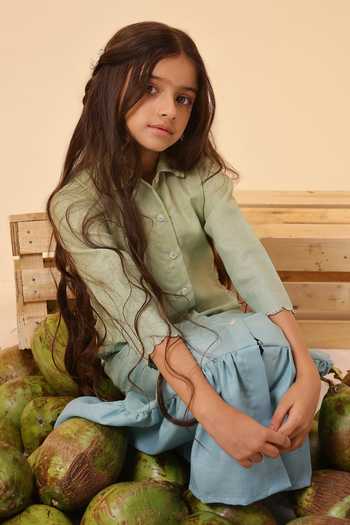 Buy_OurDve_Blue Linen Seafoam Embroidered Collar Dress 