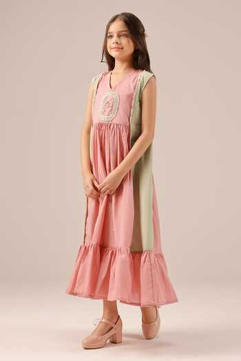 Shop OurDve Pink Cotton Merry Frill Embroidered Dress Online at Aza Fashions Shop_OurDve_Pink Cotton Merry Frill Embroidered Dress _Online_at_Aza_Fashions
