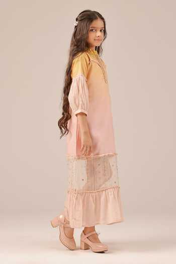 OurDve_Pink Linen Palm Whisper Sheer Panelled Dress _Online_at_Aza_Fashions
