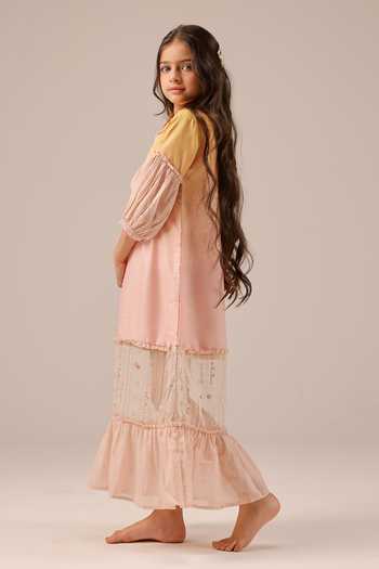 Buy_OurDve_Pink Linen Palm Whisper Sheer Panelled Dress _Online_at_Aza_Fashions