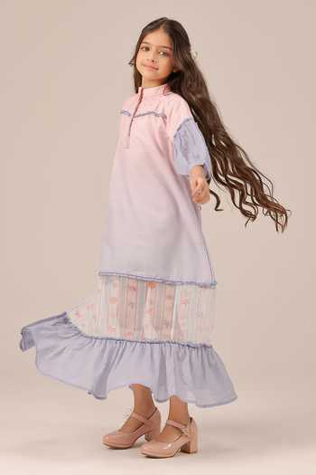 OurDve_Pink Linen Palm Whisper Printed Sheer Panelled Dress _Online_at_Aza_Fashions