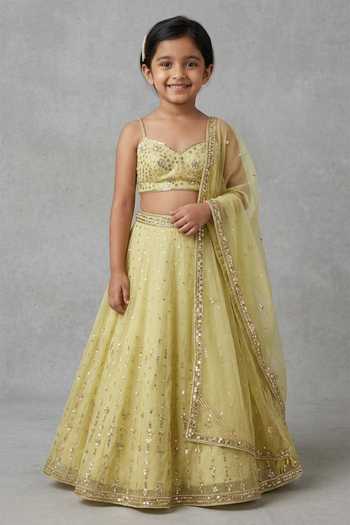 Zoon Thread Embroidered Green Lehenga Set For Kids