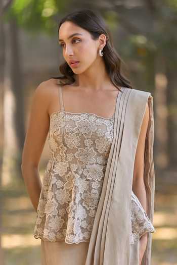 Buy Dash And Dot Brown Polyester Square Neck Corded Floral Lace Peplum Top Buy_Dash And Dot_Brown Polyester Square Neck Corded Floral Lace Peplum Top