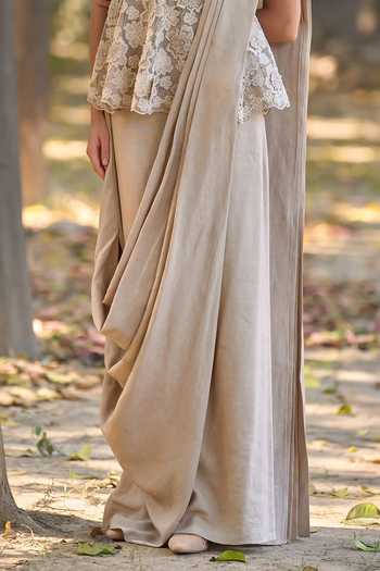 Shop Dash And Dot Brown Linen, Viscose, Polyester Square Corded Lace Blouse And Pre-draped Saree Set Online at Aza Fashions Shop_Dash And Dot_Brown Linen, Viscose, Polyester Square Corded Lace Blouse And Pre-draped Saree Set _Online_at_Aza_Fashions