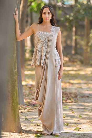Dash And Dot Corded Lace Blouse & Pre-Draped Saree Set 