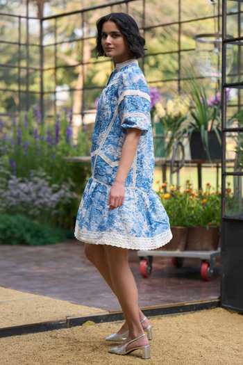 Buy_Dash And Dot_Blue Viscose, Linen Toile Print Organic Viscose-linen Dress With Lace Trim _Online_at_Aza_Fashions