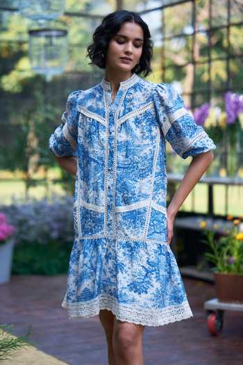 Shop_Dash And Dot_Blue Viscose, Linen Toile Print Organic Viscose-linen Dress With Lace Trim _Online_at_Aza_Fashions