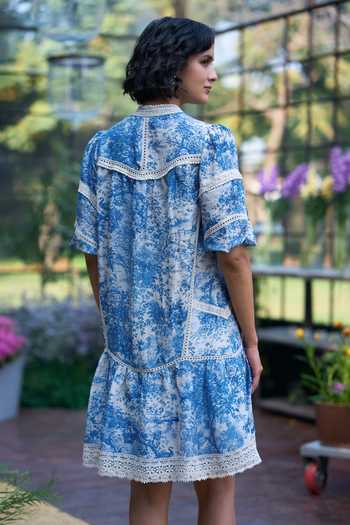 Dash And Dot_Blue Viscose, Linen Toile Print Organic Viscose-linen Dress With Lace Trim _at_Aza_Fashions