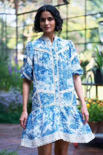 Buy_Dash And Dot_Blue Viscose, Linen Toile Print Organic Viscose-linen Dress With Lace Trim 