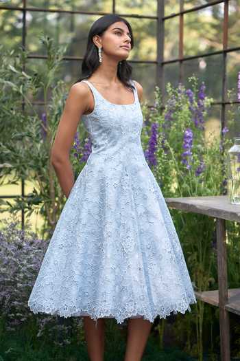Buy Dash And Dot Blue Viscose Square Neck Cutwork Lace Midi Dress Buy_Dash And Dot_Blue Viscose Square Neck Cutwork Lace Midi Dress