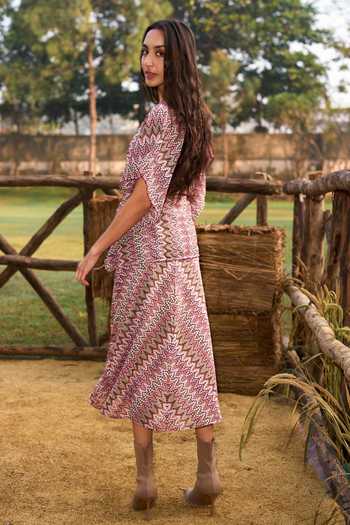 Shop_Dash And Dot_Multi Color Polyester V-neck Chevron Knit Pattern Kaftan And Skirt Set _Online_at_Aza_Fashions