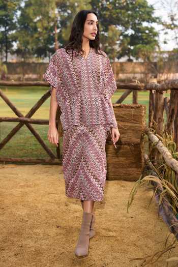 Dash And Dot_Multi Color Polyester V-neck Chevron Knit Pattern Kaftan And Skirt Set _at_Aza_Fashions