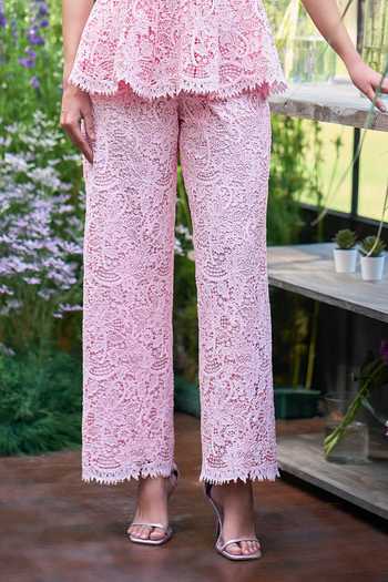 Buy_Dash And Dot_Pink Viscose Bandeau Neck Lace Work Peplum Top And Pant Set _Online_at_Aza_Fashions