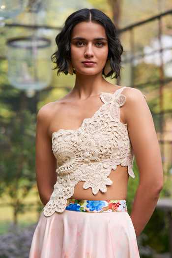 Buy Dash And Dot Beige Polyester Asymmetric Neck, One Crochet Floral Print Top And Skirt Set Online at Aza Fashions Buy_Dash And Dot_Beige Polyester Asymmetric Neck, One Crochet Floral Print Top And Skirt Set _Online_at_Aza_Fashions