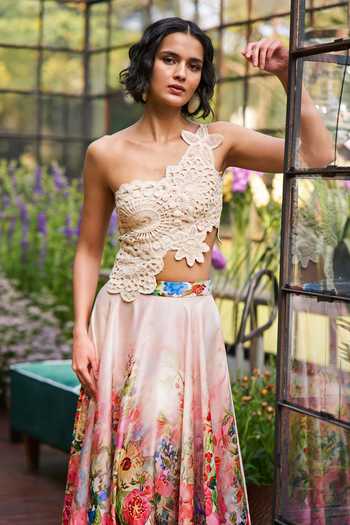 Buy Dash And Dot Beige Polyester Asymmetric Neck, One Crochet Floral Print Top And Skirt Set Buy_Dash And Dot_Beige Polyester Asymmetric Neck, One Crochet Floral Print Top And Skirt Set