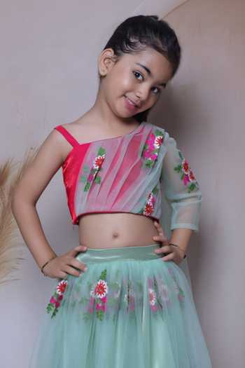 Little Loom Green Cotton, Satin, Net One Shoulder Draped Blouse And Lehenga Set Online at Aza Fashions Little Loom_Green Cotton, Satin, Net One Shoulder Draped Blouse And Lehenga Set _Online_at_Aza_Fashions