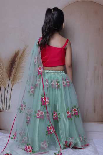 Little Loom_Green Cotton, Satin, Net One Shoulder Draped Blouse And Lehenga Set _at_Aza_Fashions