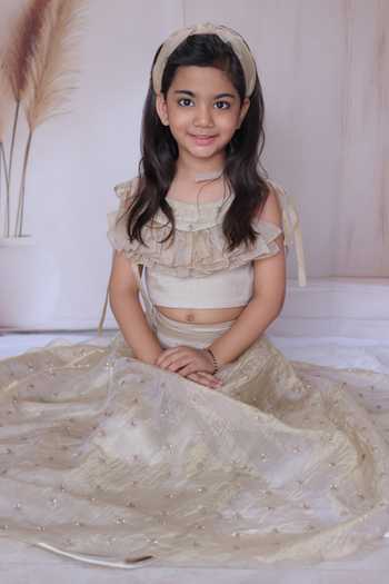 Shop_Little Loom_Beige Silk, Satin Ruffle Blouse And Embellished Lehenga Set _Online_at_Aza_Fashions