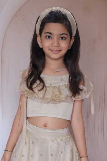 Little Loom Beige Silk, Satin Ruffle Blouse And Embellished Lehenga Set at Aza Fashions Little Loom_Beige Silk, Satin Ruffle Blouse And Embellished Lehenga Set _at_Aza_Fashions