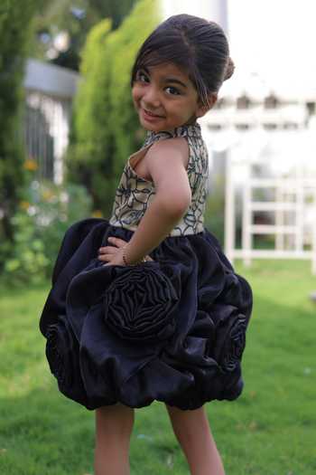 Little Loom_Black Rose Pattern Structured Frock Dress _Online_at_Aza_Fashions
