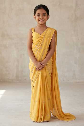 Zoon Stripe Embroidered Pre-Stitched Saree With Blouse For Kids