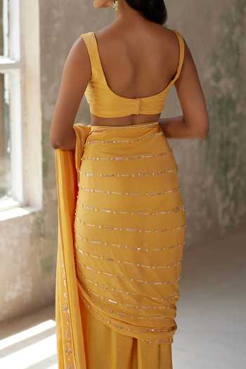 Zoon Stripe Embroidered Pre-Stitched Saree With Blouse For Kids