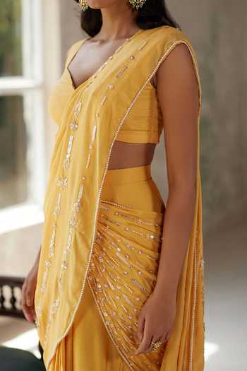 Zoon Yellow Chiffon, Lining Crepe, Saree Stripe Embroidered Pre-stitched With For Kids Online at Aza Fashions Zoon_Yellow Chiffon, Lining Crepe, Saree Stripe Embroidered Pre-stitched With For Kids_Online_at_Aza_Fashions