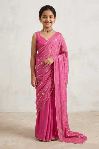 Zoon Embroidered Pre-Stitched Saree With Blouse For Kids
