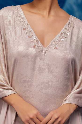Zoon Beige Metallic Satin Sequin Shimmer Embellished Kaftan For Kids Online at Aza Fashions Zoon_Beige Metallic Satin Sequin Shimmer Embellished Kaftan For Kids_Online_at_Aza_Fashions