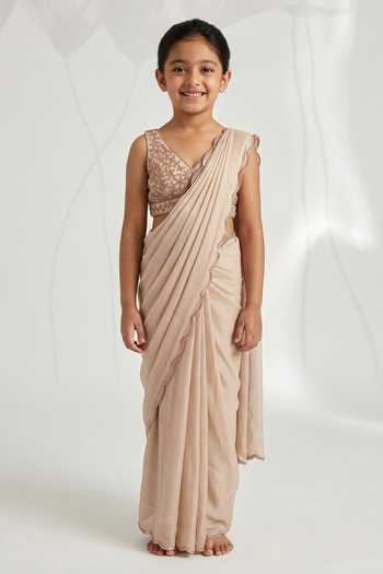 Zoon Shimmer Pre Draped Saree With Embellished Blouse For Kids