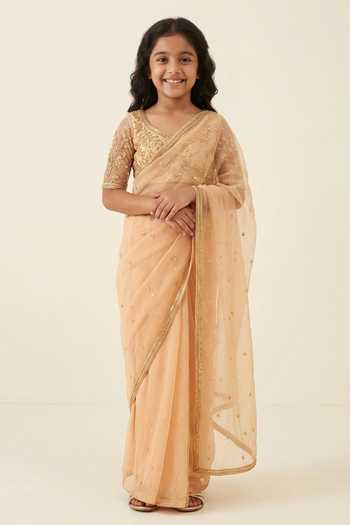 Zoon Sequin Floral Embroidered Pre-Stitched Saree With Blouse For Kids