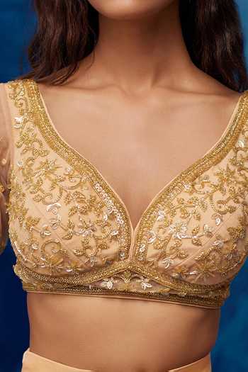 Zoon Gold Silk Organza, Blouse Net, Saree Floral Embroidered Pre-stitched With For Kids Online at Aza Fashions Zoon_Gold Silk Organza, Blouse Net, Saree Floral Embroidered Pre-stitched With For Kids_Online_at_Aza_Fashions