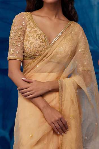 Buy Zoon Gold Silk Organza, Blouse Net, Saree Floral Embroidered Pre-stitched With For Kids Online at Aza Fashions Buy_Zoon_Gold Silk Organza, Blouse Net, Saree Floral Embroidered Pre-stitched With For Kids_Online_at_Aza_Fashions