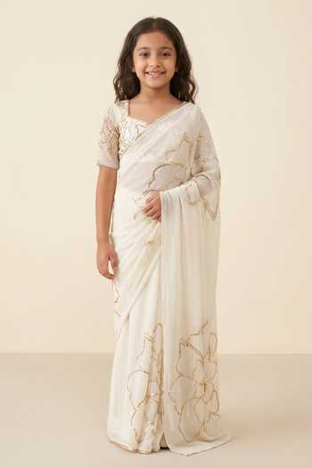Zoon Floral Sequin Embroidered Pre-Draped Saree With Blouse For Kids