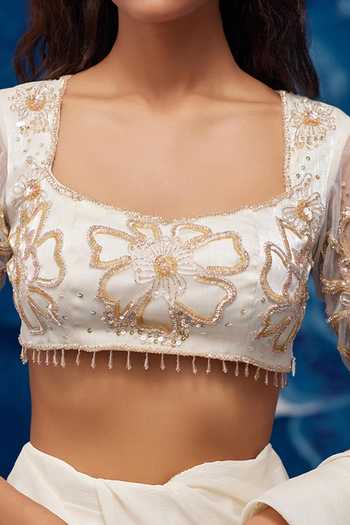 Zoon_Ivory Soft Georgette Crystal, Floral Embroidered Pre-draped Saree With Blouse For Kids_Online_at_Aza_Fashions