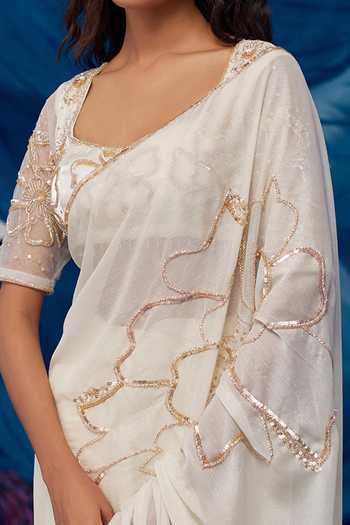 Buy_Zoon_Ivory Soft Georgette Crystal, Floral Embroidered Pre-draped Saree With Blouse For Kids_Online_at_Aza_Fashions