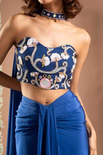 Buy_Ahi Clothing_Blue Crepe, Lining Shantoon Embellished Corset Draped Skirt Set For Kids_Online_at_Aza_Fashions