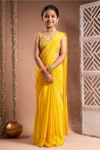 Ahi Clothing Solid Pre-Draped Saree With Embroidered Bustier For Kids