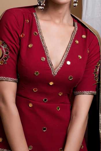 Ahi Clothing Maroon Georgette, Lining Shantoon Hand Embroidered Lehenga Set For Kids Online at Aza Fashions Ahi Clothing_Maroon Georgette, Lining Shantoon Hand Embroidered Lehenga Set For Kids_Online_at_Aza_Fashions