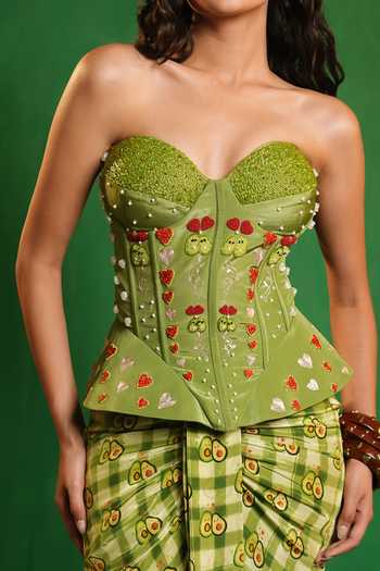Ahi Clothing_Green Avocado Print Corset And Draped Skirt Set For Kids_Online_at_Aza_Fashions