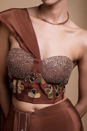 Buy Ahi Clothing Brown Crepe, Lining Shantoon Embellished Corset With Draped Skirt For Kids Online at Aza Fashions Buy_Ahi Clothing_Brown Crepe, Lining Shantoon Embellished Corset With Draped Skirt For Kids_Online_at_Aza_Fashions