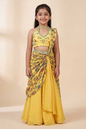 Ahi Clothing Floral Pattern Pre-Draped Saree & Blouse Set For Kids